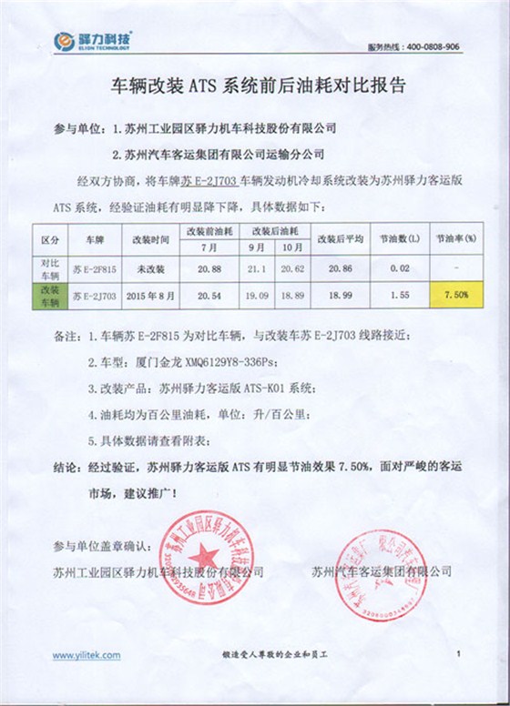 苏汽客运集团改装ATS节油报告